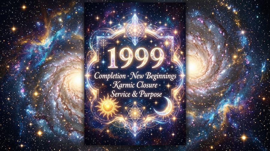 1999 angel number meaning with cosmic galaxy background representing karmic closure new beginnings and spiritual purpose
