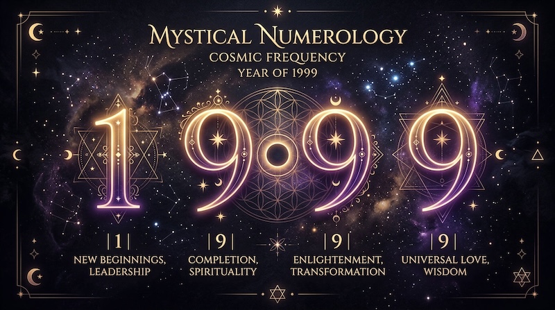 numerology breakdown of 1999 angel number showing digits 1 9 9 9 with gold sacred geometry on dark cosmic background