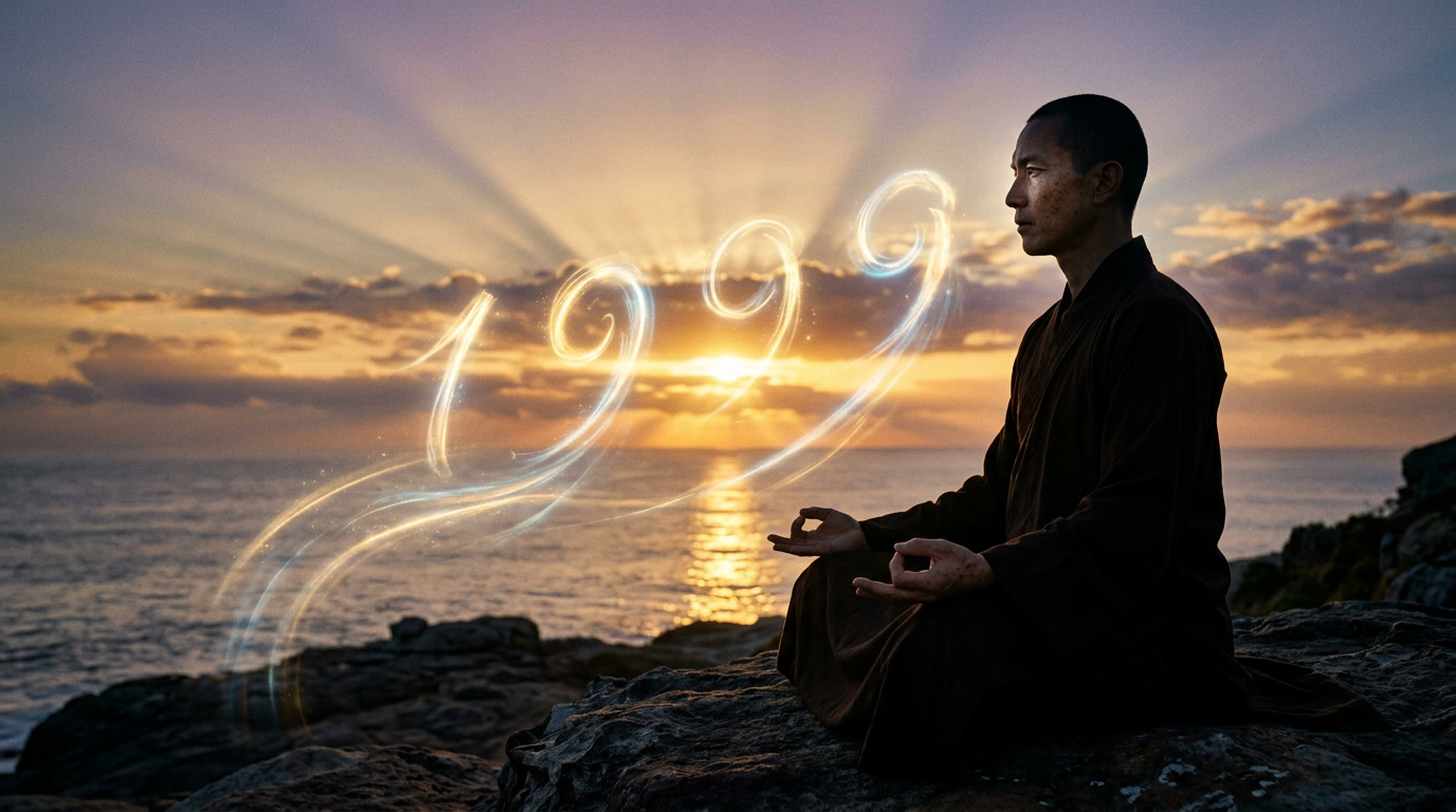 monk meditating on ocean rocks at sunrise with glowing 1999 angel number spiritual meaning karmic release and conscious awakening