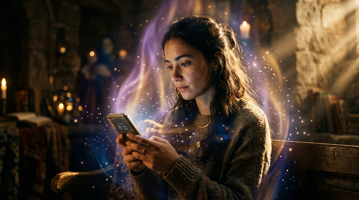 woman noticing the 8:10 angel number mirror hour on her phone surrounded by mystical spiritual light