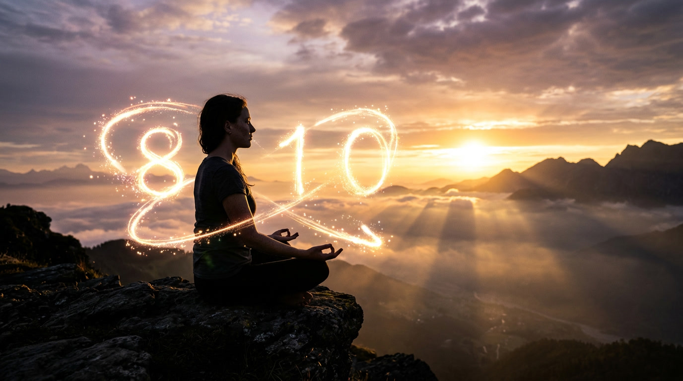 woman meditating on mountain at sunrise with glowing 810 angel number meaning spiritual awakening and alignment