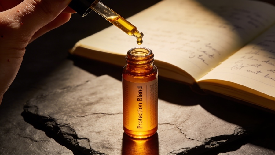 hands blending anointing oil for spiritual warfare into a 10ml roll-on bottle with frankincense drops and jojoba carrier oil