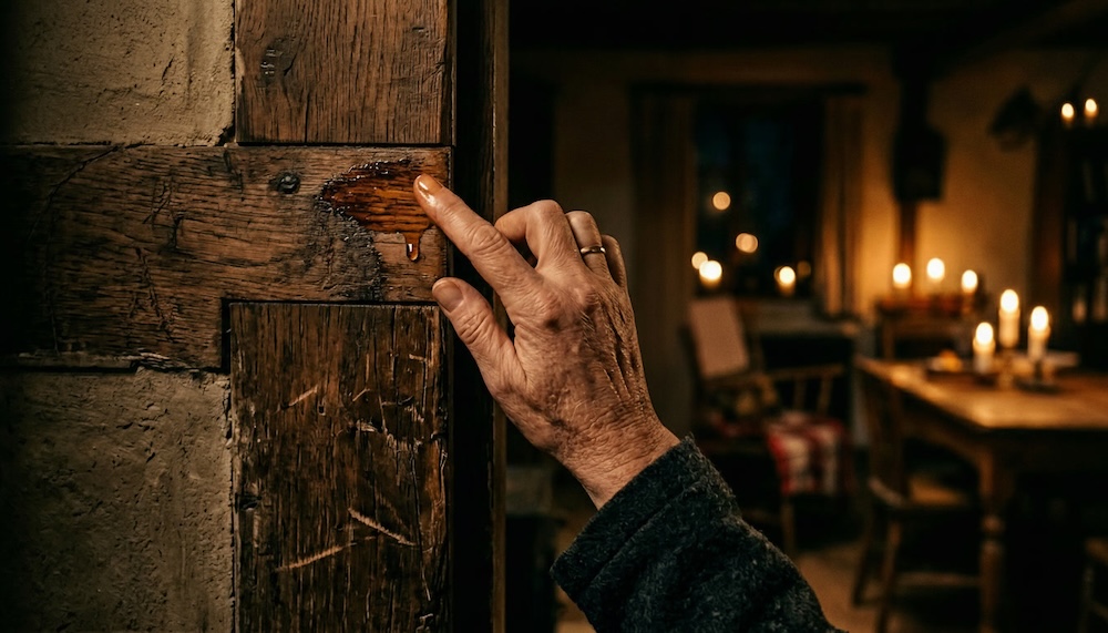 hand anointing a wooden doorframe with protection oil for spiritual warfare home boundary ritual by candlelight