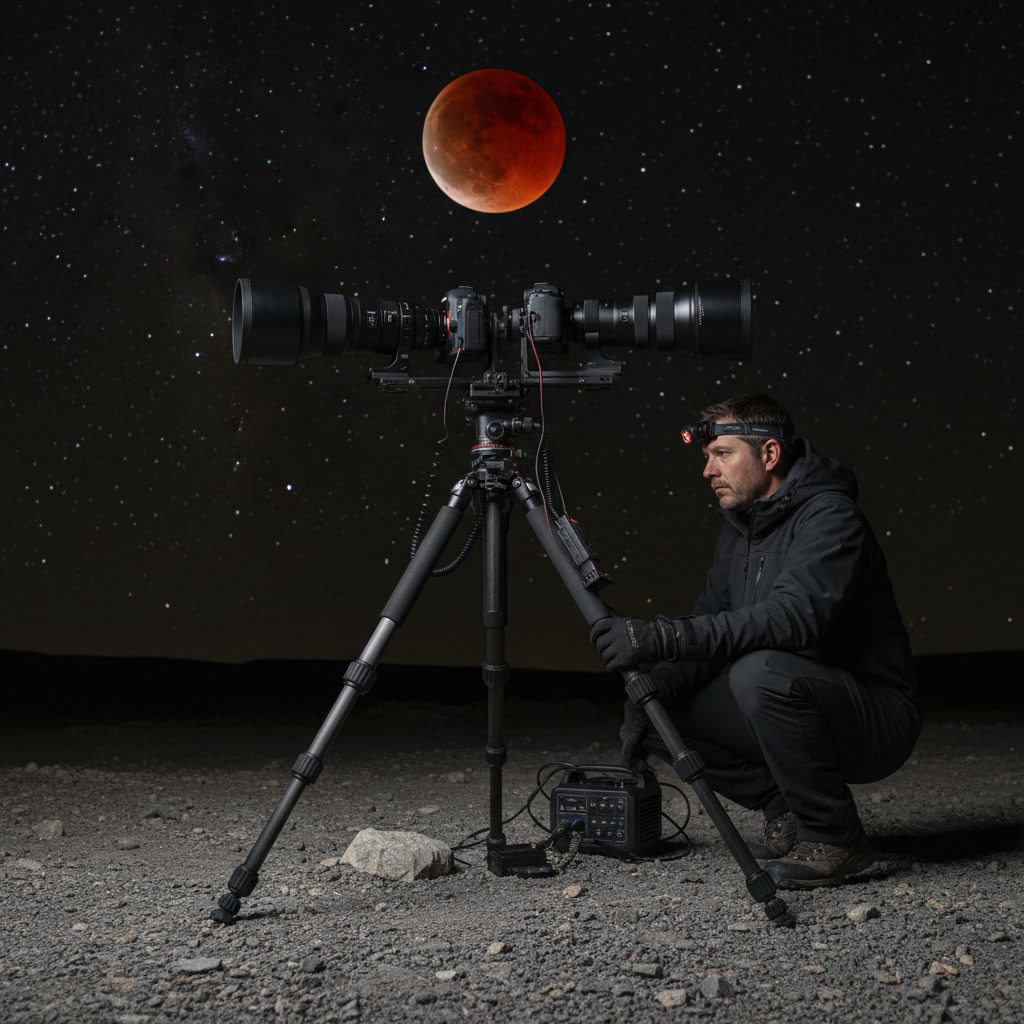 Camera on tripod with telephoto lens pointed at red blood moon during total lunar eclipse