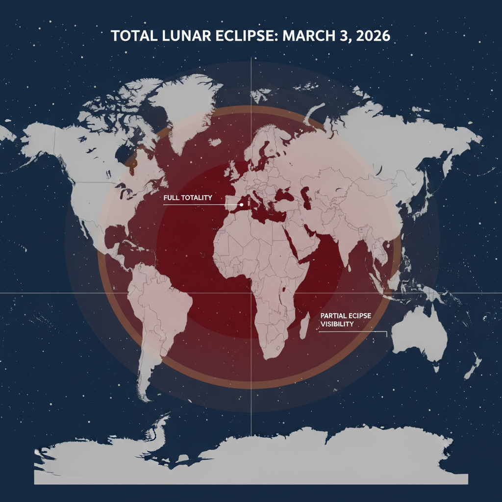 World map showing visibility zones for the March 3 2026 total lunar eclipse across North America Asia and Australia