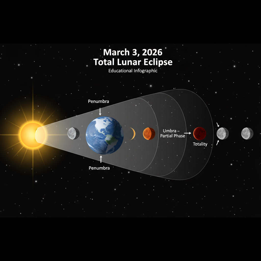 Diagram showing the five phases of a total lunar eclipse including penumbral partial and total umbral stages