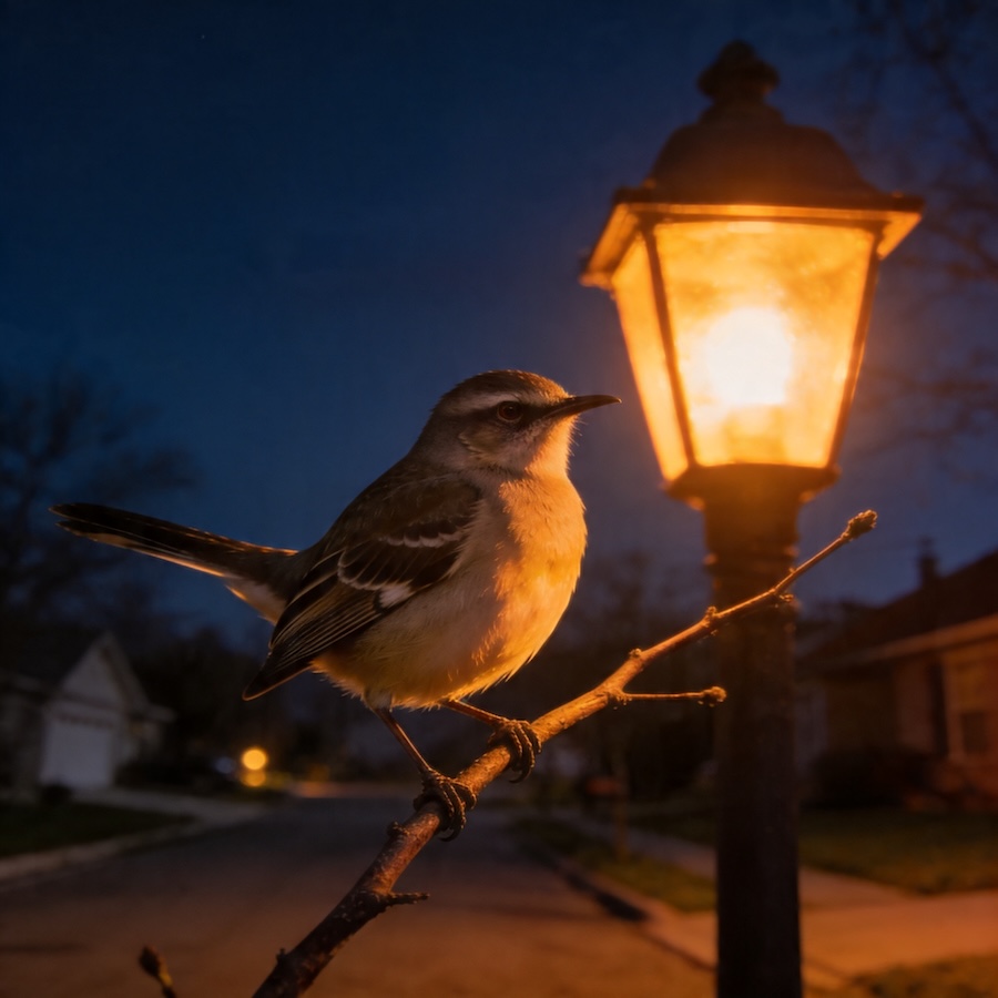 bird singing near streetlight at night urban light pollution