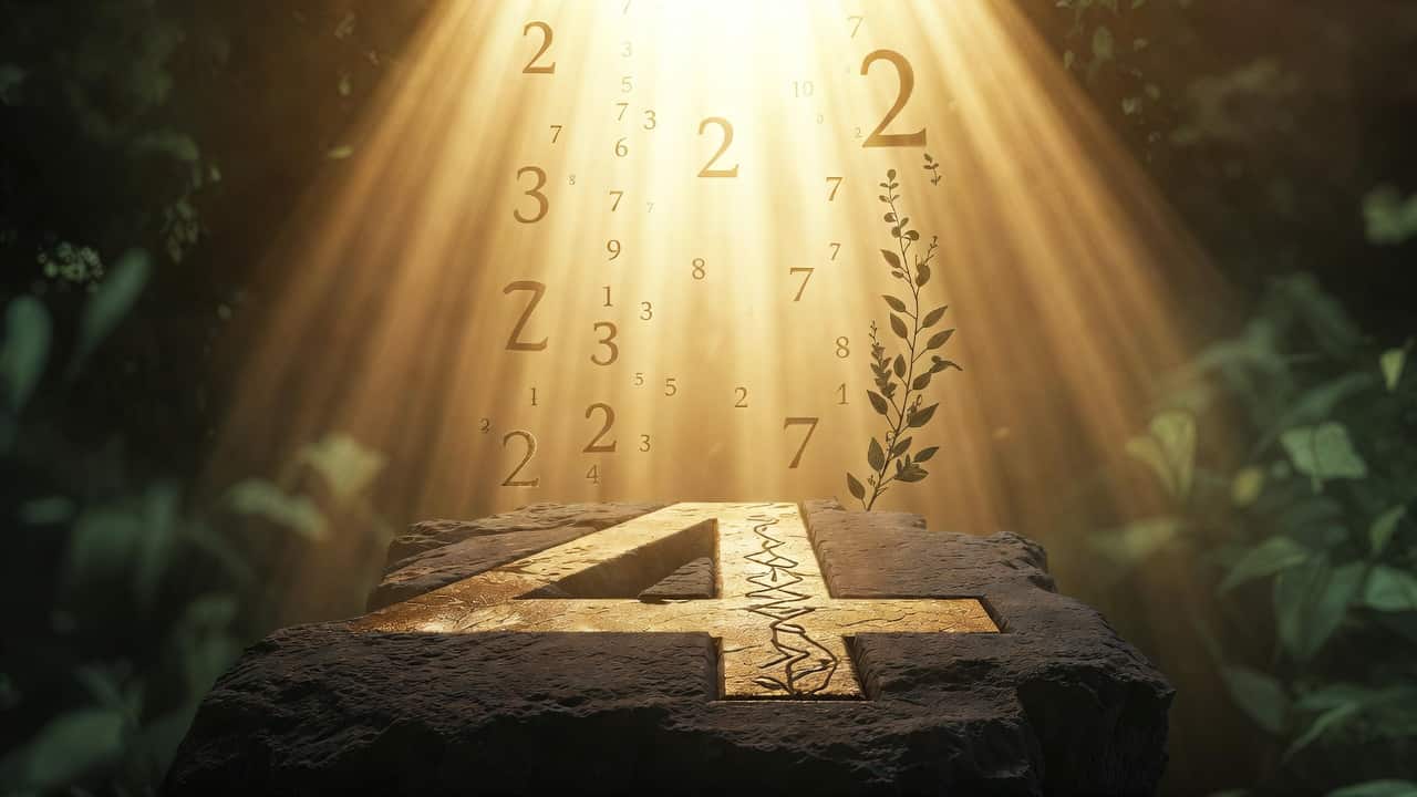 Strong stone foundation structure with subtle repeating number patterns integrated into roots and light rays breaking through soft clouds, symbolizing the return to personal stability and spiritual path confirmation during the release of energetic attachment.