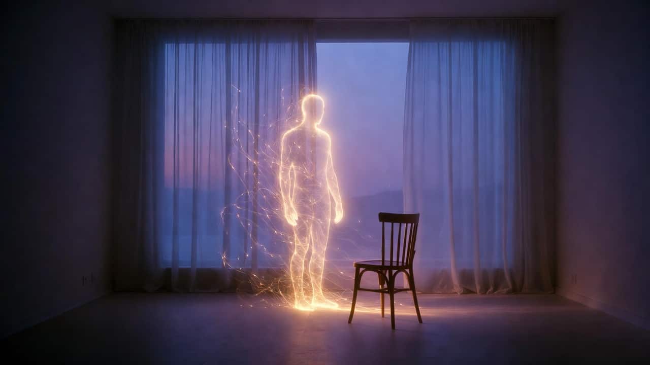 Ethereal glowing silhouette symbolizing the spiritual experience of holding on to someone who is gone – the lingering energetic imprint left behind when presence departs but connection remains.