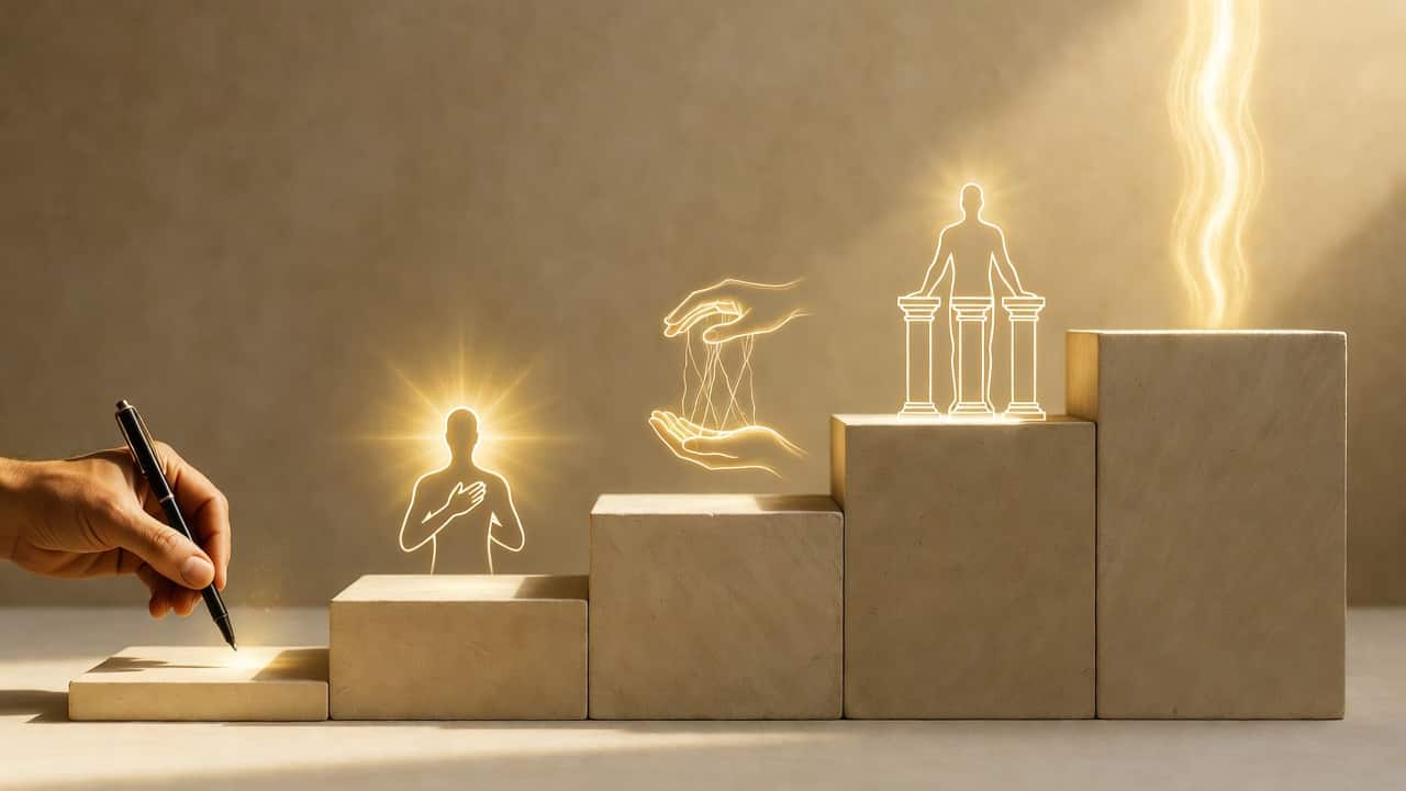Sequential symbolic pathway showing hands naming a loop, breath and light for presence, opening palms releasing threads, standing on solid stone foundation, and flowing light for moving grief, representing the intentional journey from attachment to self-foundation.