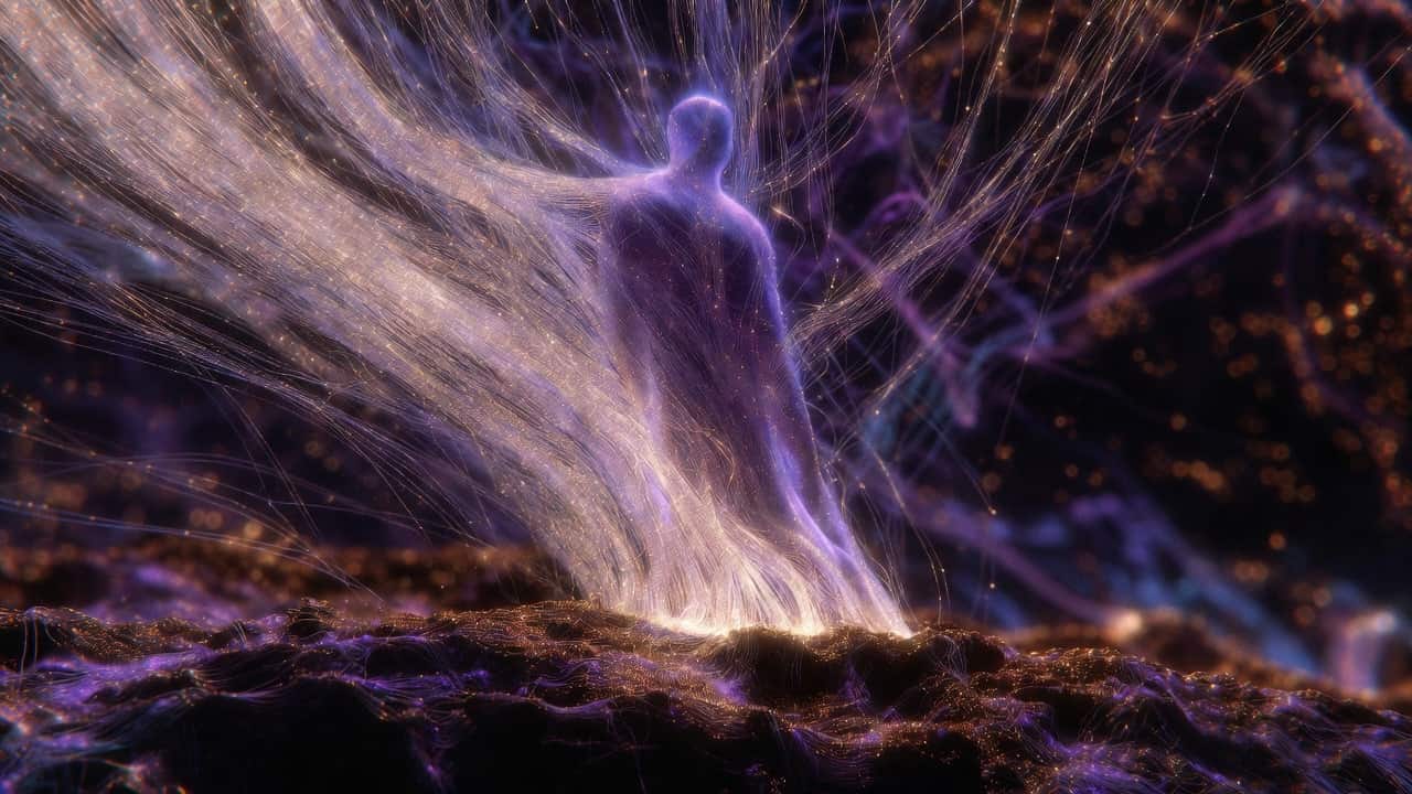 Delicate glowing energy cords stretching toward a dissolving ethereal form against a soft spiritual backdrop, illustrating how the nervous system stores the pattern of someone who offered closeness while already departing.